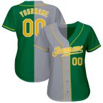 Custom Split Fashion Baseball Jersey with Name and Number in Kelly Green and Gold-Gray Personalized Kelly Green Gold-Gray