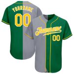 Custom Split Fashion Baseball Jersey with Name and Number in Kelly Green and Gold-Gray Personalized Kelly Green Gold-Gray