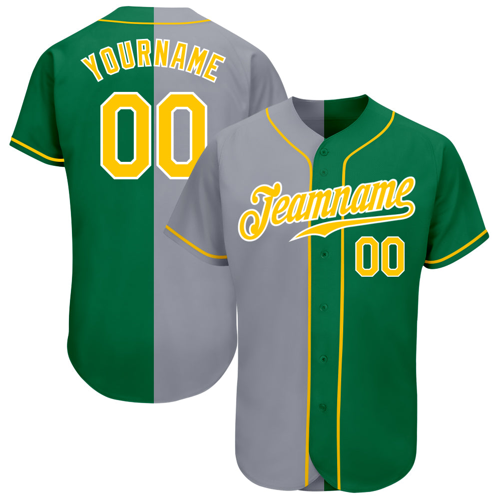 Custom Split Fashion Baseball Jersey with Name and Number in Kelly Green and Gold-Gray Personalized Kelly Green Gold-Gray