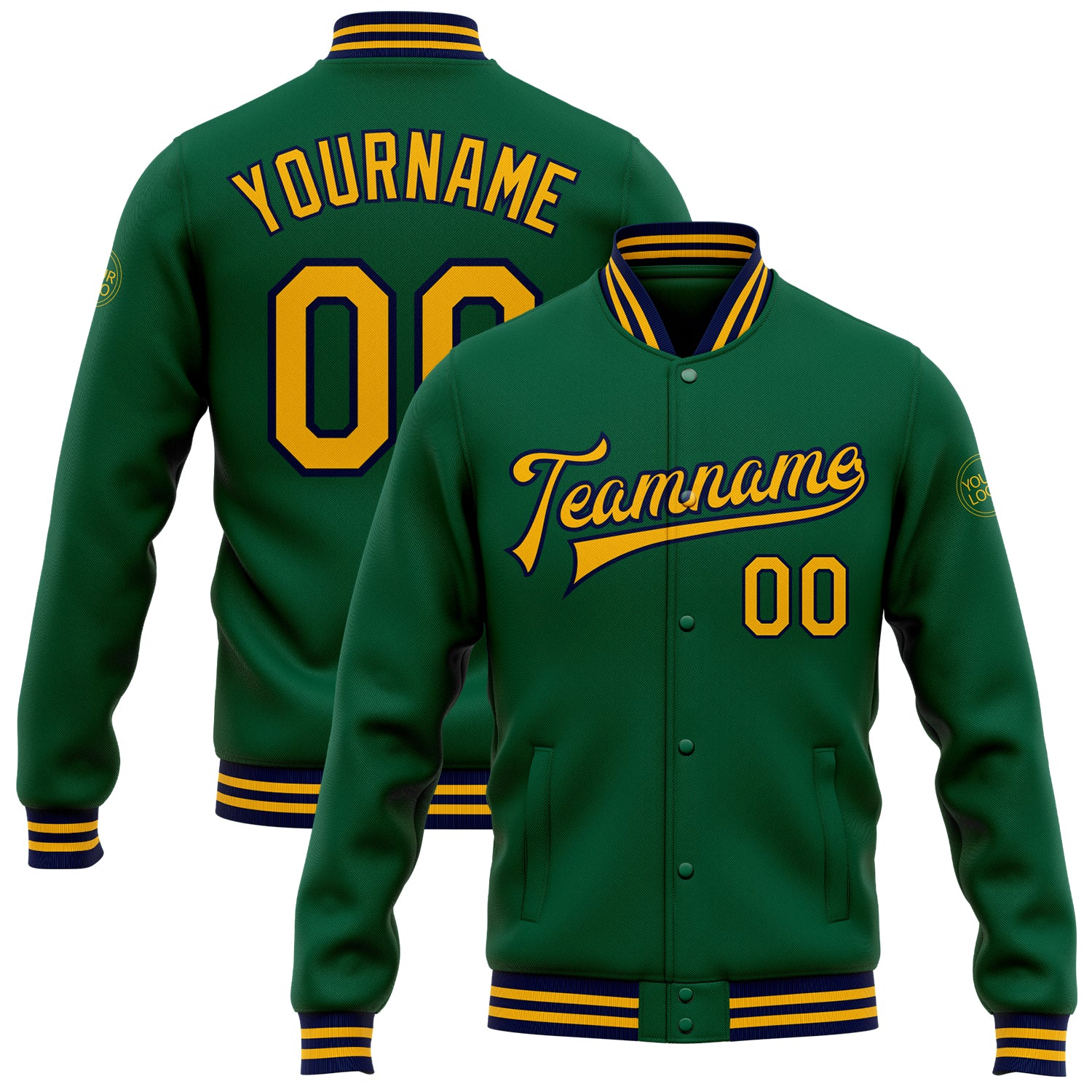 Custom Name Number Kelly Green Gold Navy Varsity Letterman Bomber Jacket Personalized Full-Snap Team Apparel Personalized
