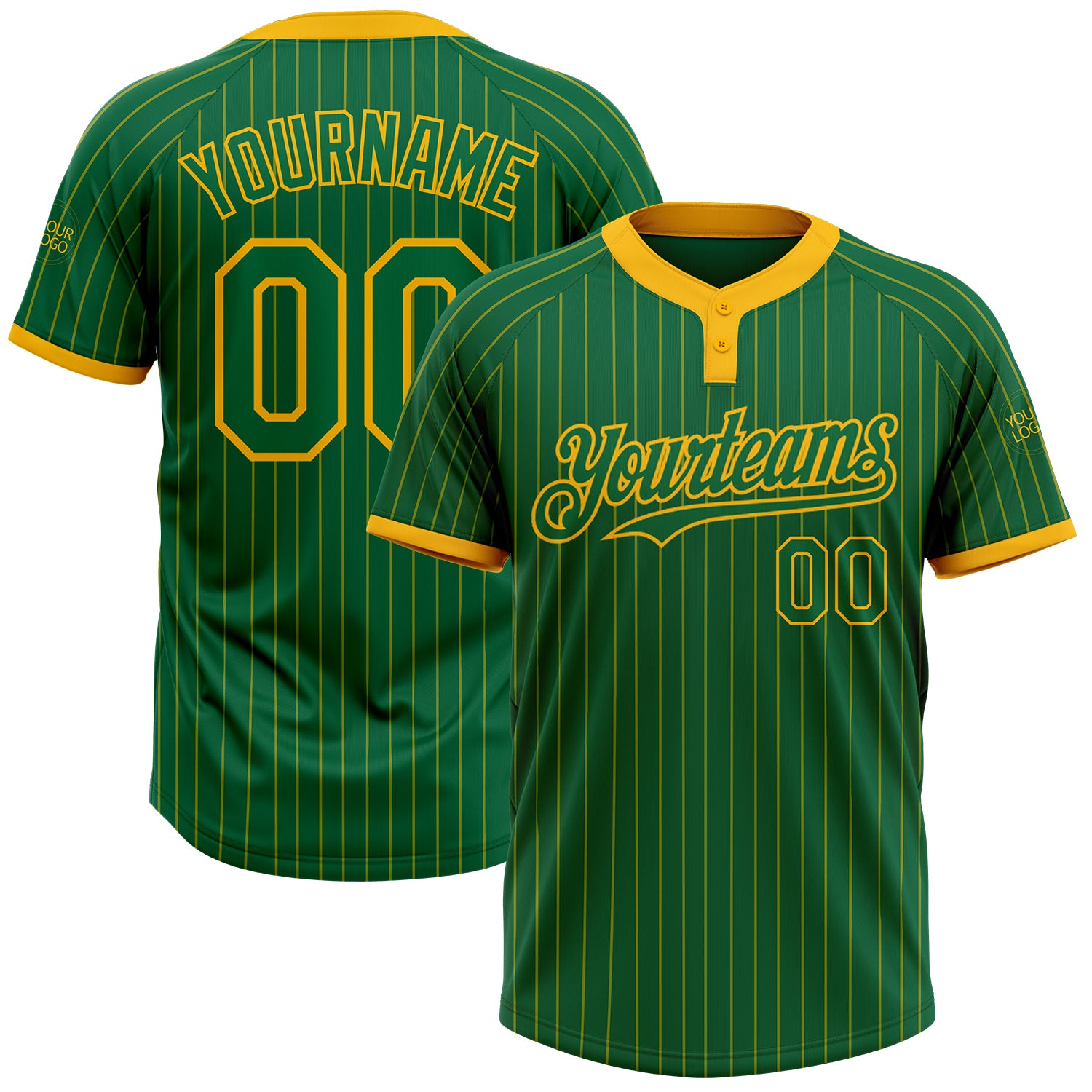 Custom Unisex Softball Jersey with Personalized Name & Number, Kelly Green with Gold Pinstripe, Two-Button Design Personalized