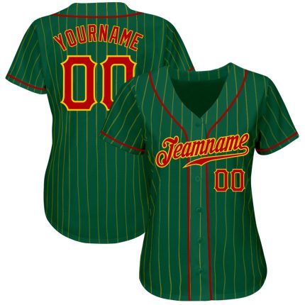 Custom Name and Number Authentic Baseball Jersey in Kelly Green with Gold Pinstripes - Red-Gold Team Design Personalized