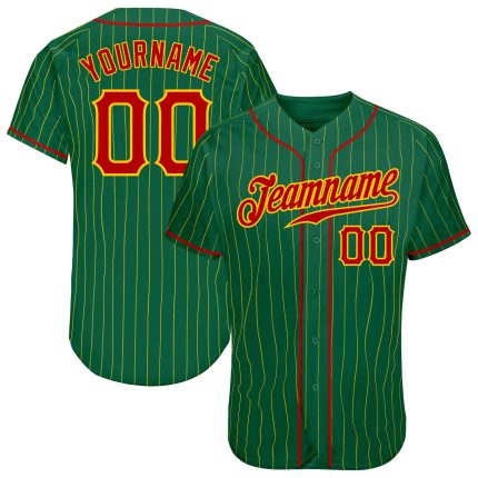 Custom Name and Number Authentic Baseball Jersey in Kelly Green with Gold Pinstripes - Red-Gold Team Design Personalized