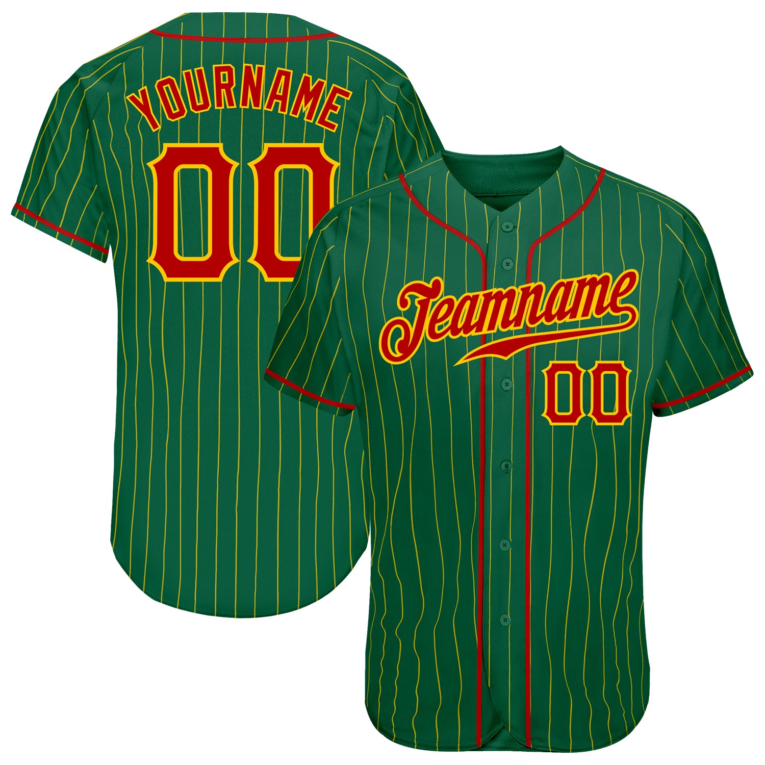 Custom Name and Number Authentic Baseball Jersey in Kelly Green with Gold Pinstripes - Red-Gold Team Design Personalized
