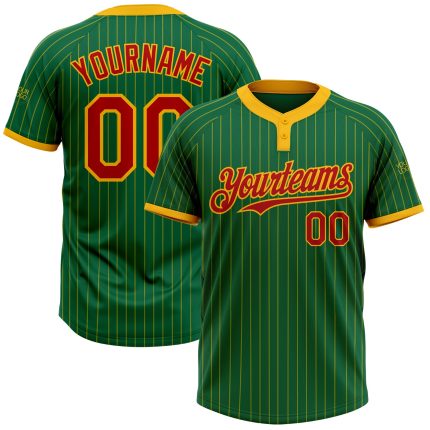 Custom Name and Number Unisex Softball Jersey Kelly Green Gold Pinstripe Red Two-Button Design Personalized Kelly Green Gold