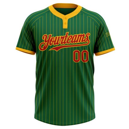 Custom Name and Number Unisex Softball Jersey Kelly Green Gold Pinstripe Red Two-Button Design Personalized Kelly Green Gold