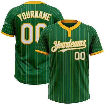 Custom Name and Number Unisex Softball Jersey - Personalized Kelly Green with Gold Pinstripe Two-Button Design Personalized