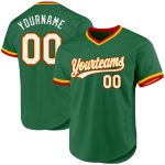 Custom Name and Number Authentic Throwback Baseball Jersey in Kelly Green with Gold-Red Details Personalized Kelly Green