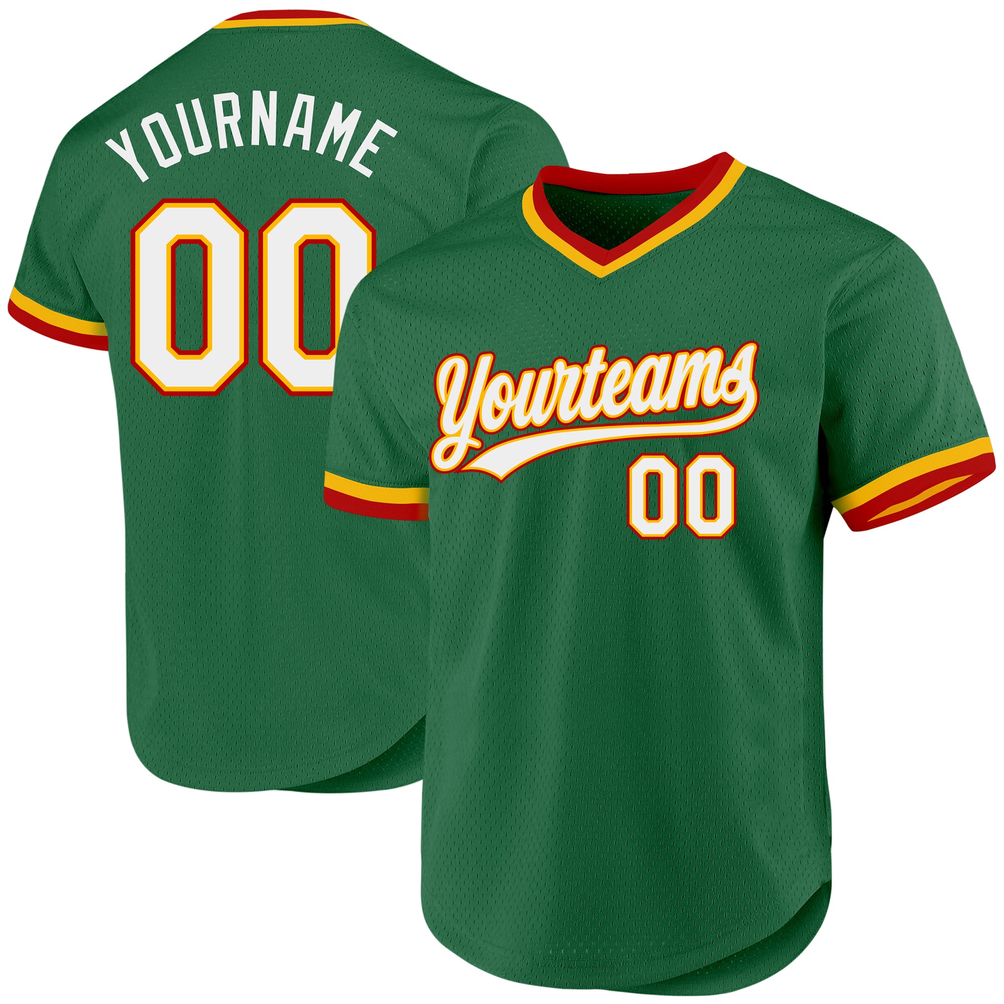Custom Name and Number Authentic Throwback Baseball Jersey in Kelly Green with Gold-Red Details Personalized Kelly Green