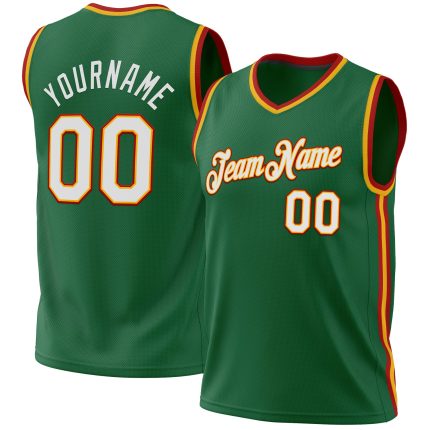 Personalized Authentic Throwback Basketball Jersey in Kelly Green with Gold-Red Details Personalized Kelly Green Gold-Red