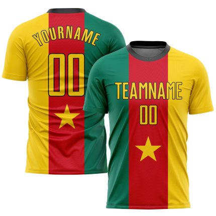 Custom Cameroonian Flag Soccer Uniform Jersey with Personalized Name & Number - Kelly Green Gold Red-Black Design Personalized