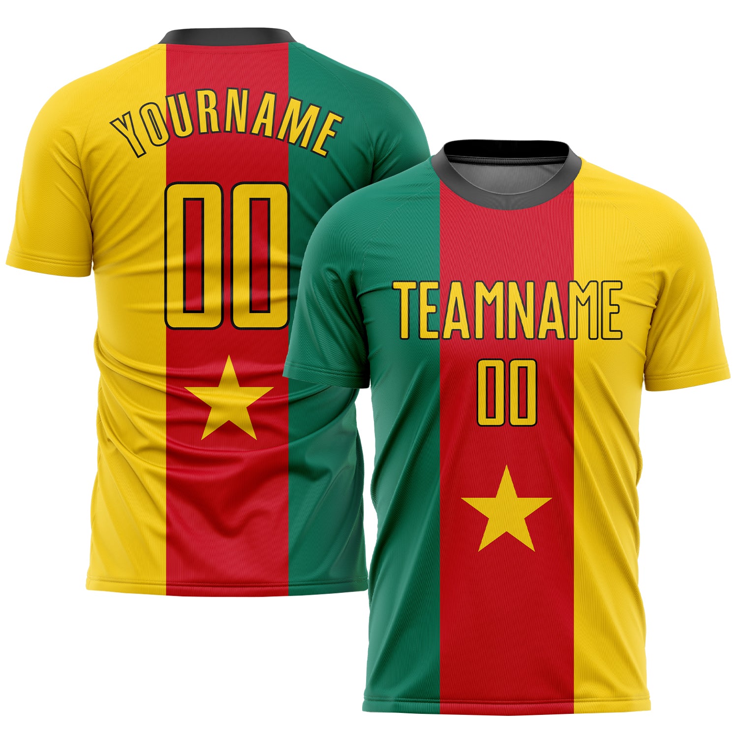 Custom Cameroonian Flag Soccer Uniform Jersey with Personalized Name & Number - Kelly Green Gold Red-Black Design Personalized