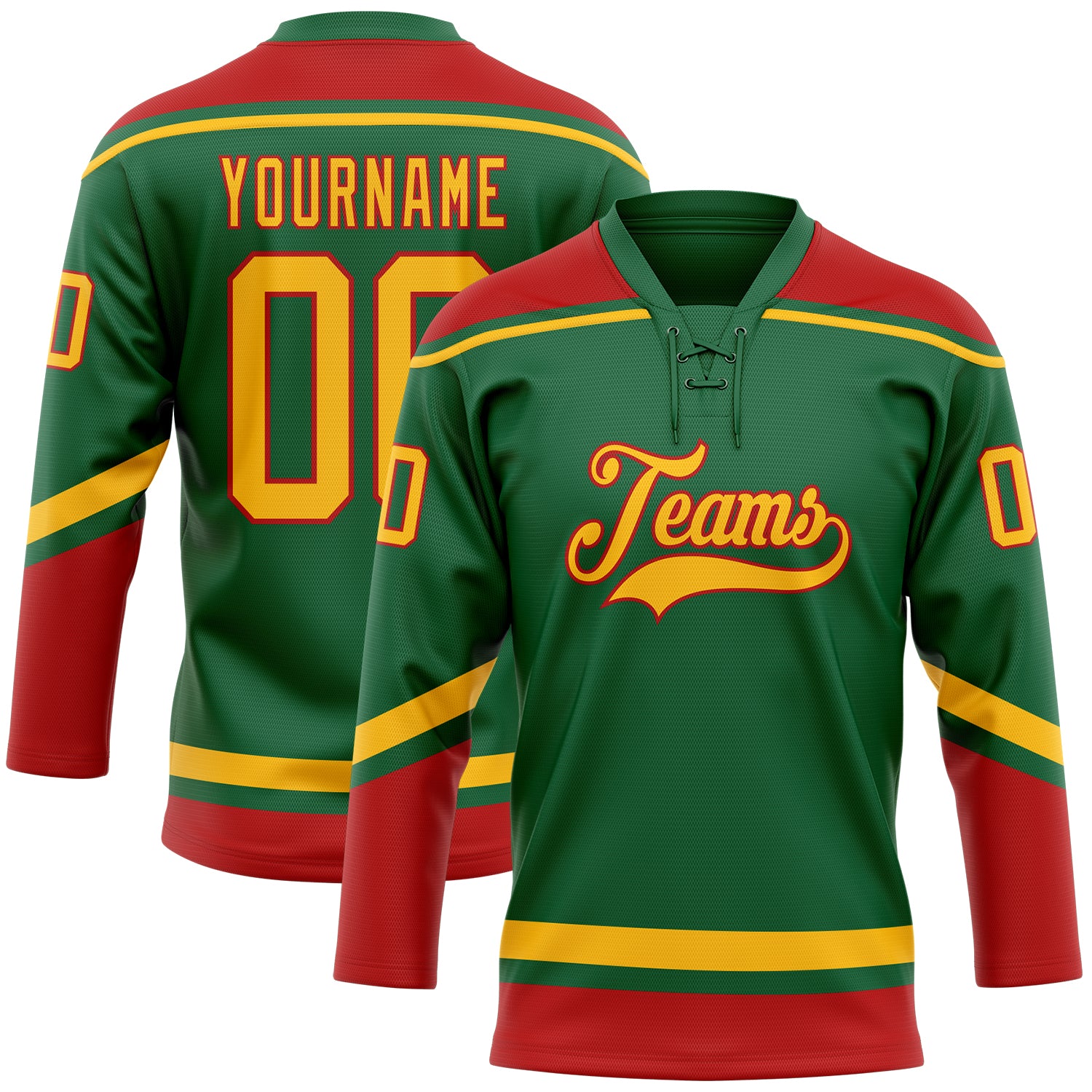 Custom Name and Number Hockey Lace Neck Jersey in Kelly Green with Gold-Red Design - Personalized Team Gear Personalized
