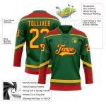 Custom Name and Number Hockey Lace Neck Jersey in Kelly Green with Gold-Red Design - Personalized Team Gear Personalized