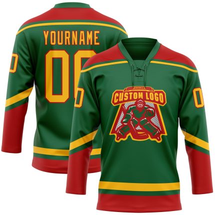 Custom Name and Number Hockey Lace Neck Jersey in Kelly Green with Gold-Red Design - Personalized Team Gear Personalized