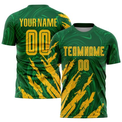 Personalized Gold Soccer Jersey in Kelly Green Sublimation Design Personalized Kelly Green Gold Sublimation Soccer Uniform