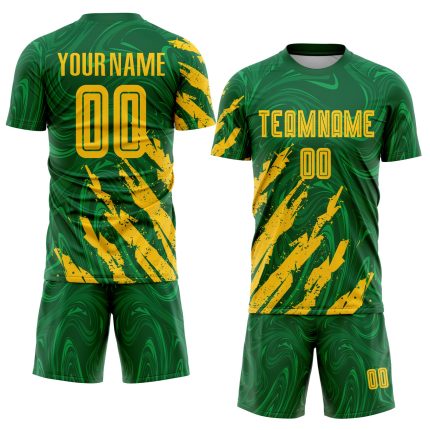 Personalized Gold Soccer Jersey in Kelly Green Sublimation Design Personalized Kelly Green Gold Sublimation Soccer Uniform