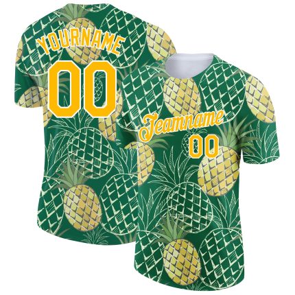 Custom Name and Number Pineapple Performance T-Shirt in Kelly Green Gold-White 3D Pattern Design for Summer Holidays Personalized