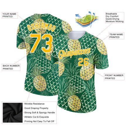 Custom Name and Number Pineapple Performance T-Shirt in Kelly Green Gold-White 3D Pattern Design for Summer Holidays Personalized