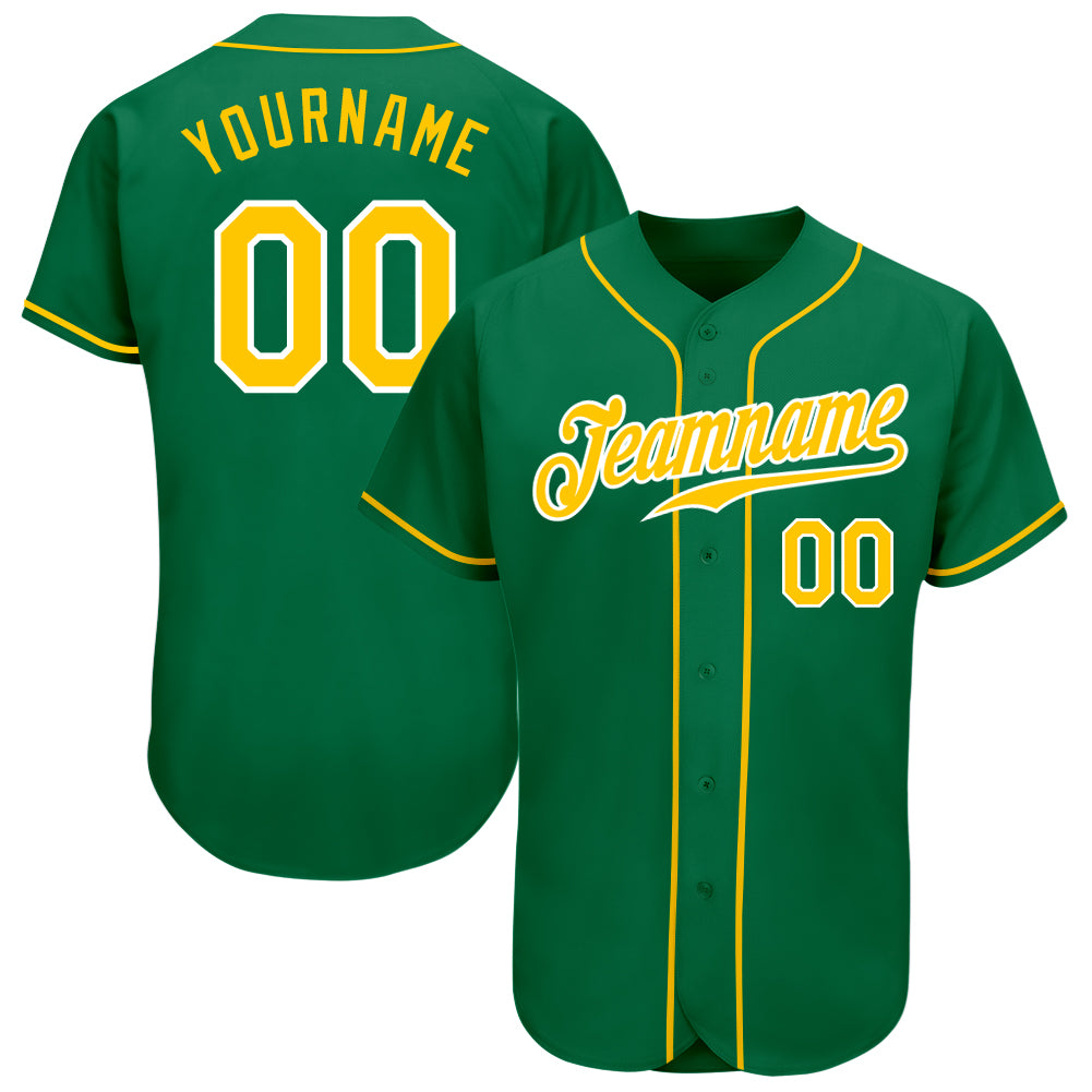 Personalized Authentic Baseball Jersey in Kelly Green with Gold and White Accents Personalized Kelly Green Gold-White Authentic
