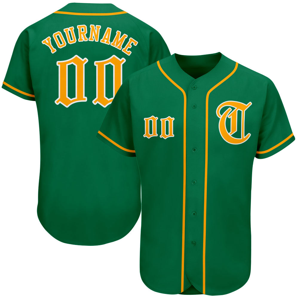 Custom Name & Number Kelly Green Gold-White Authentic Baseball Jersey for Team Personalized Kelly Green Gold-White Authentic