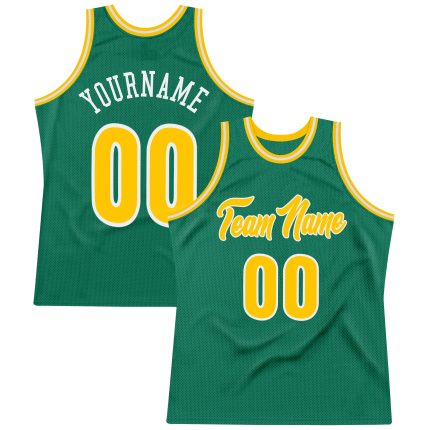 Personalized Kelly Green Authentic Throwback Basketball Jersey - Gold and White Personalized Kelly Green Gold-White Authentic