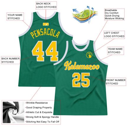 Custom Personalized Kelly Green Gold White Basketball Jersey with Name and Number - Authentic Throwback Team Apparel Personalized