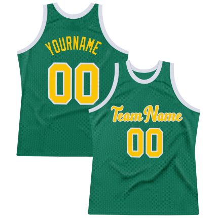 Custom Personalized Kelly Green Gold White Basketball Jersey with Name and Number - Authentic Throwback Team Apparel Personalized