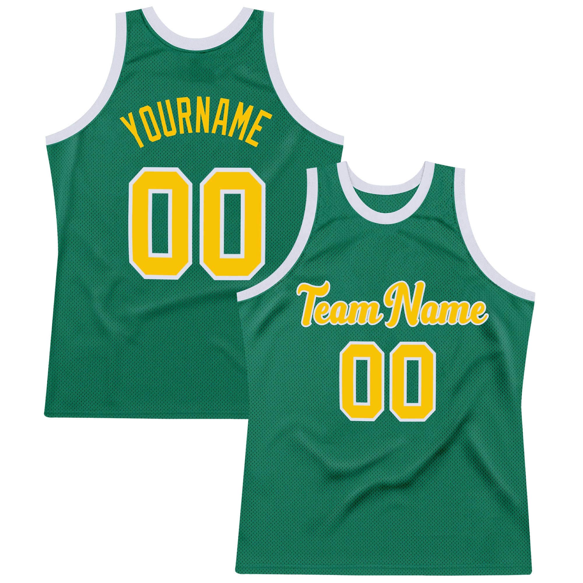 Custom Personalized Kelly Green Gold White Basketball Jersey with Name and Number - Authentic Throwback Team Apparel Personalized