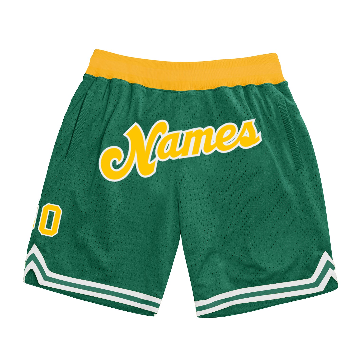 Personalized Authentic Basketball Shorts in Kelly Green with Gold-White Accents Personalized Kelly Green Gold-White Authentic