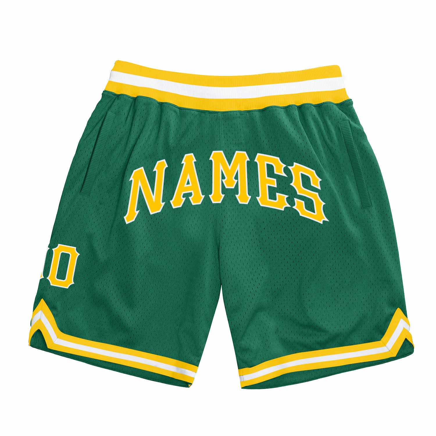 Custom Team Basketball Shorts with Name and Number - Kelly Green, Gold & White Authentic Throwback Style Personalized Kelly