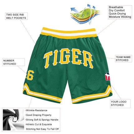 Custom Team Basketball Shorts with Name and Number - Kelly Green, Gold & White Authentic Throwback Style Personalized Kelly