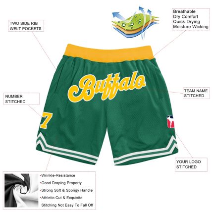 Personalized Authentic Basketball Shorts in Kelly Green with Gold-White Accents Personalized Kelly Green Gold-White Authentic