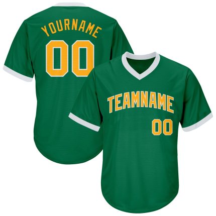 Custom Name and Number Authentic Baseball Jersey Shirt - Kelly Green Gold-White Throwback Rib-Knit Design Personalized Kelly