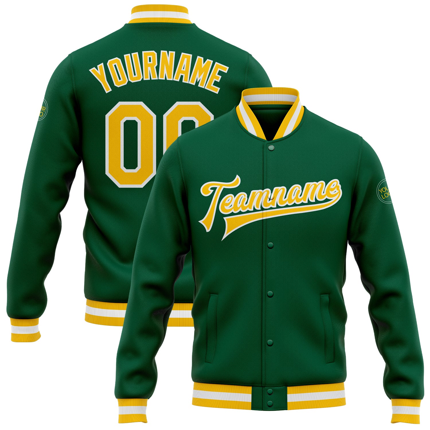 Custom Team Name and Number Kelly Green Gold White Bomber Varsity Letterman Jacket - Personalized Full-Snap Style Personalized