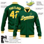 Custom Team Name and Number Kelly Green Gold White Bomber Varsity Letterman Jacket - Personalized Full-Snap Style Personalized