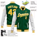 Personalized Green Gold White Bomber Varsity Jacket Full-Snap Two Tone Letterman Personalized Kelly Green Gold-White Bomber