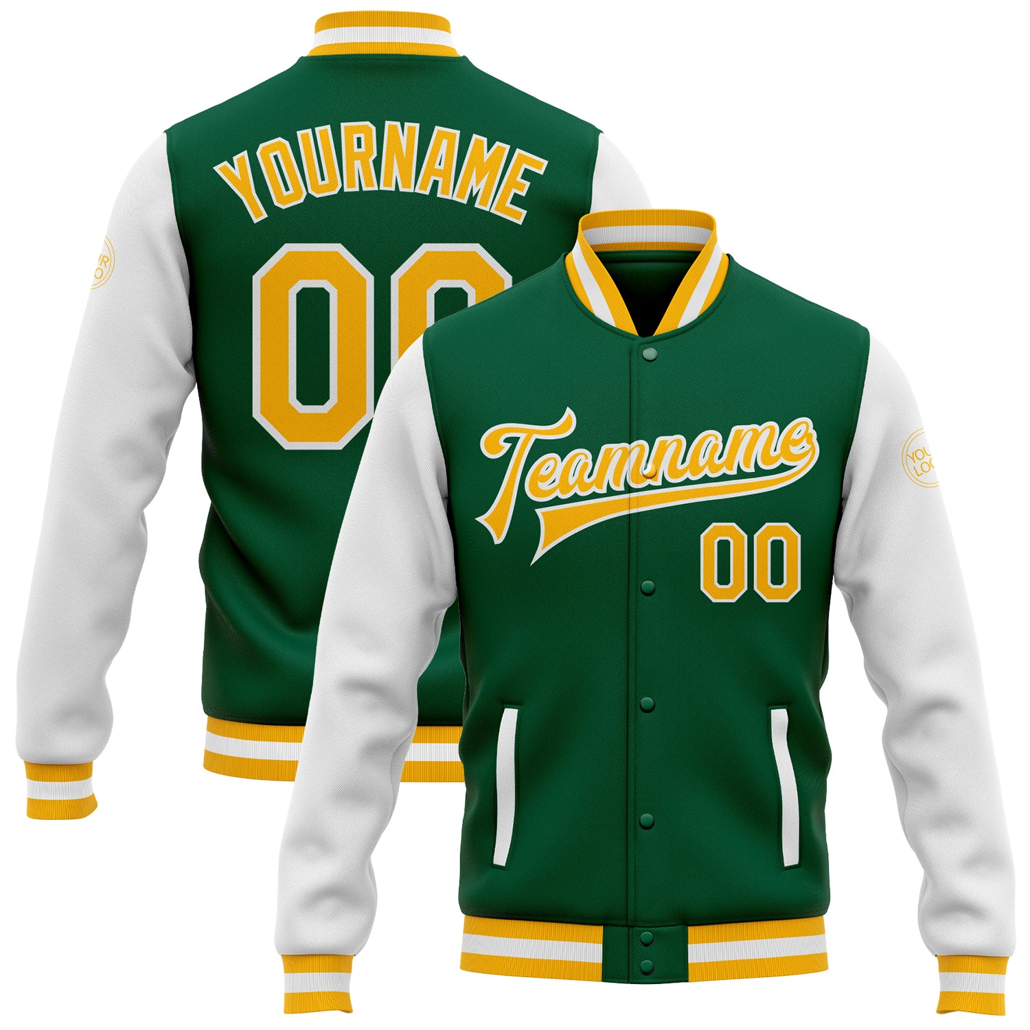 Personalized Green Gold White Bomber Varsity Jacket Full-Snap Two Tone Letterman Personalized Kelly Green Gold-White Bomber