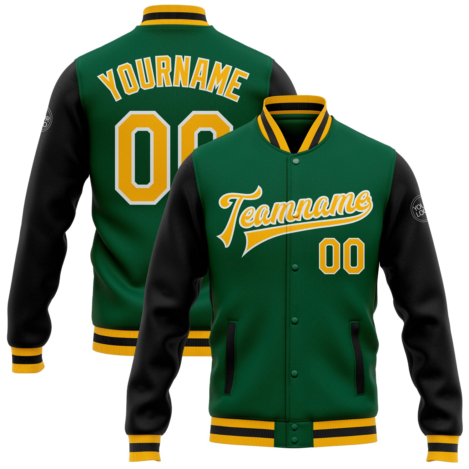 Custom Team Name and Number Kelly Green Gold-White Two Tone Bomber Full-Snap Varsity Letterman Jacket Personalized Kelly