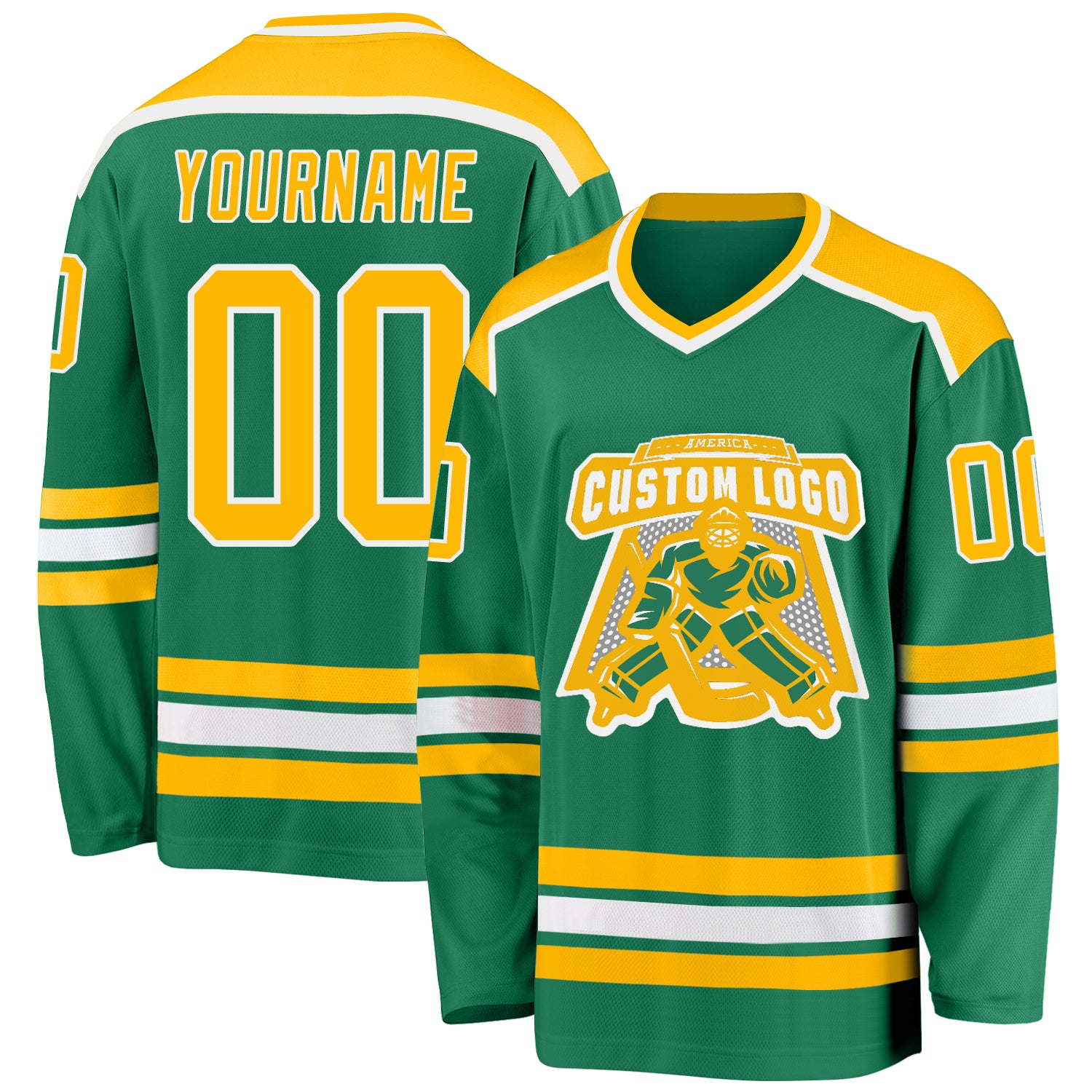 Personalized Hockey Jersey in Kelly Green with Gold and White Trim Personalized Kelly Green Gold-White Hockey Jersey