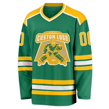 Personalized Hockey Jersey in Kelly Green with Gold and White Trim Personalized Kelly Green Gold-White Hockey Jersey