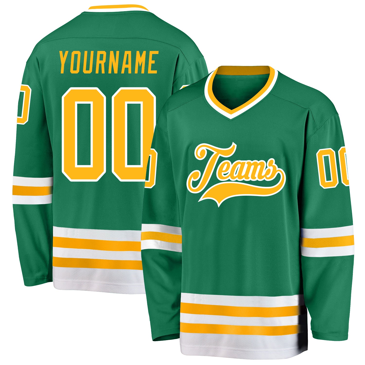 Custom Team Name and Number Personalized Kelly Green Hockey Jersey - Gold and White Personalized Kelly Green Gold-White Hockey