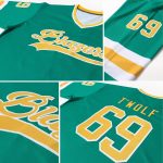 Custom Team Name and Number Personalized Kelly Green Hockey Jersey - Gold and White Personalized Kelly Green Gold-White Hockey