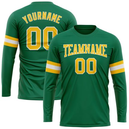 Personalized Salute to Service T-Shirt with Custom Name & Number, Long Sleeve Performance in Kelly Green Gold-White Personalized