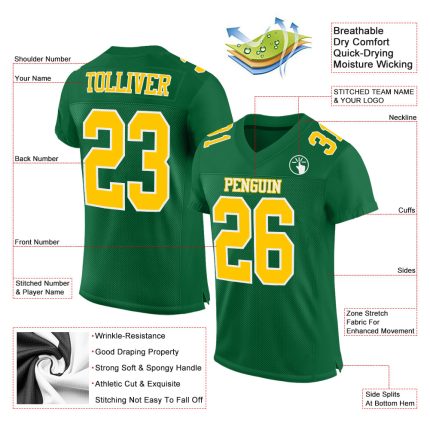Custom Team Name Number Authentic Football Jersey in Kelly Green Gold-White Mesh Personalized Kelly Green Gold-White Mesh