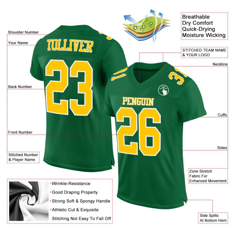Custom Team Name Number Authentic Football Jersey in Kelly Green Gold-White Mesh Personalized Kelly Green Gold-White Mesh