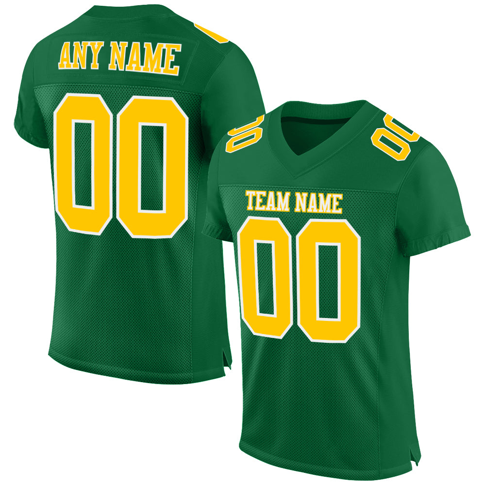 Custom Team Name Number Authentic Football Jersey in Kelly Green Gold-White Mesh Personalized Kelly Green Gold-White Mesh