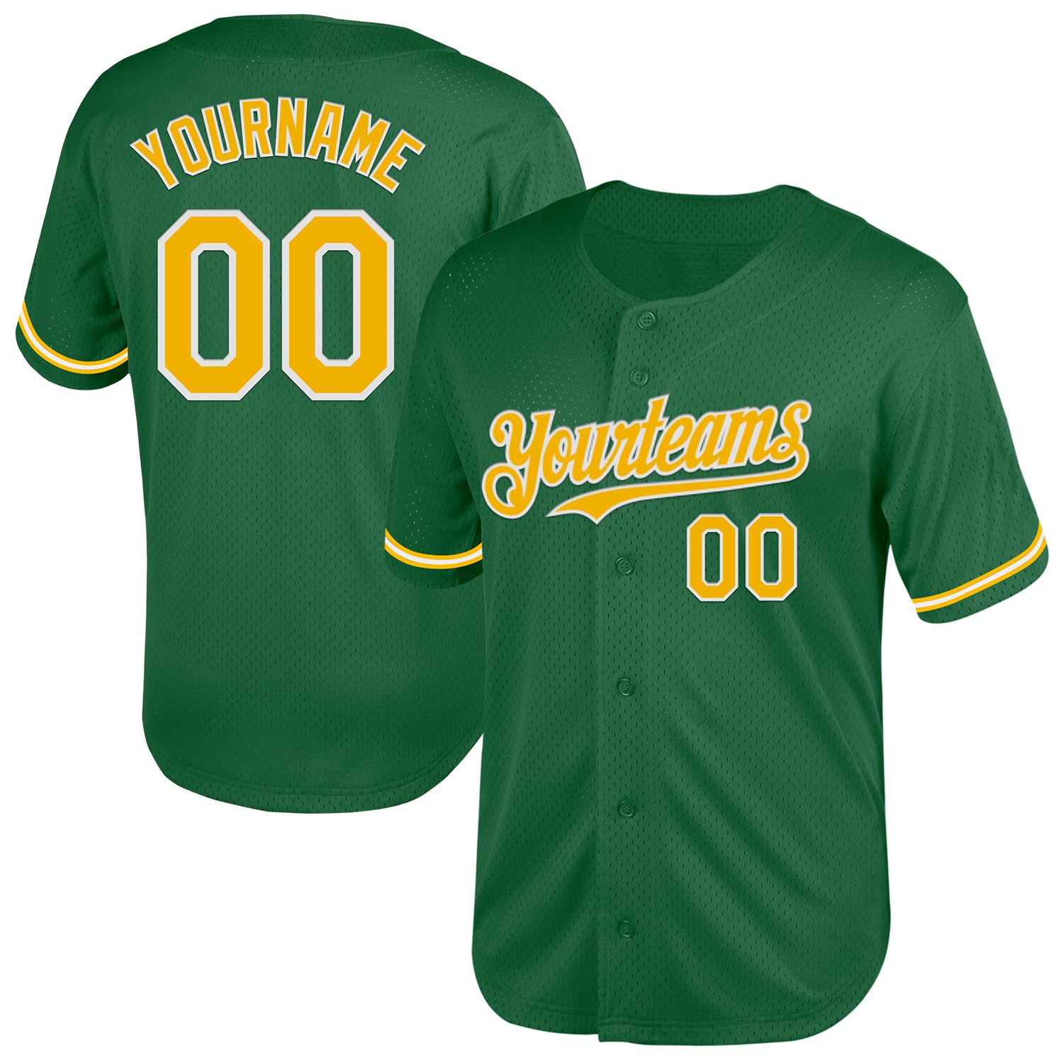 Custom Name and Number Personalized Kelly Green Baseball Jersey - Gold-White Mesh Authentic Throwback Team Jersey Personalized