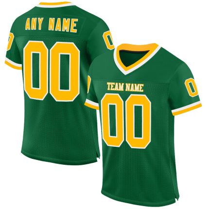 Custom Personalized Kelly Green Football Jersey with Gold-White Mesh, Authentic Throwback Design, Custom Name & Number Personalized