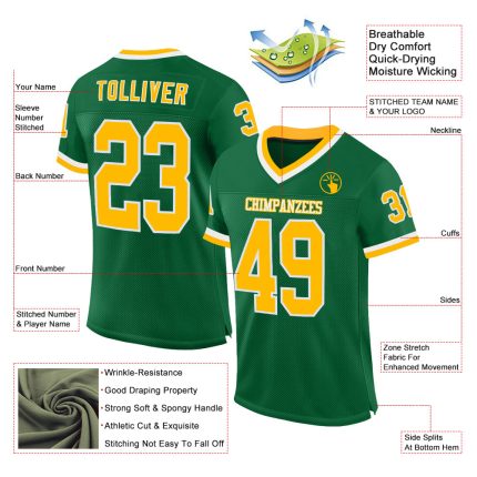 Custom Personalized Kelly Green Football Jersey with Gold-White Mesh, Authentic Throwback Design, Custom Name & Number Personalized